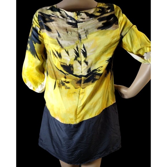 100% Silk Abstract Yellow Black Zip Scoop Neck Ruche 3/4 Sleeve Size XS Dress - Picture 4 of 12